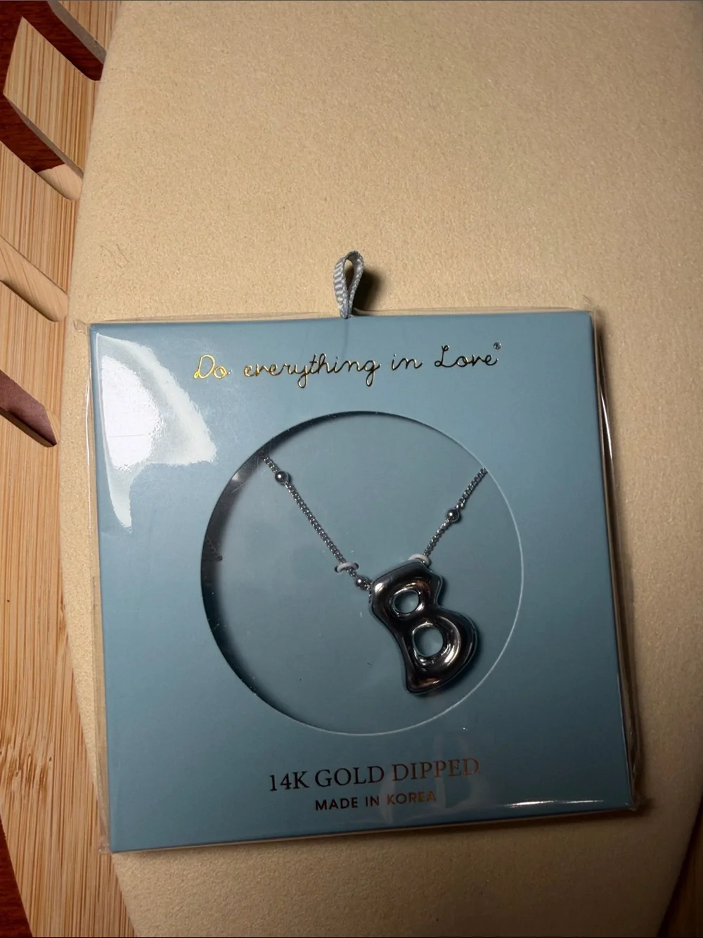 Do everything in Love Silver B Pendant Necklace with Gold Lettering Packaging